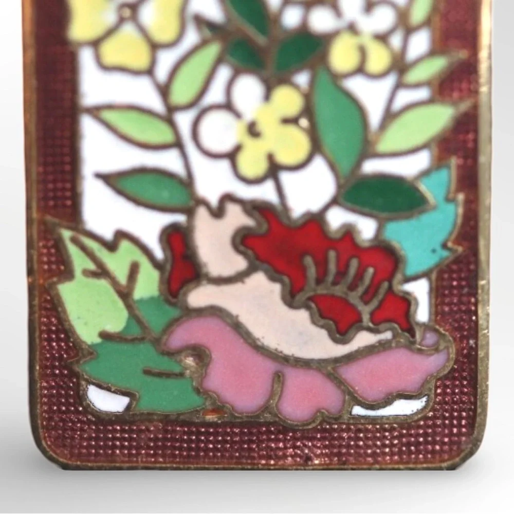 Vintage 1980s Rectangular Cloisonné Enamel Floral Brooch Pin
